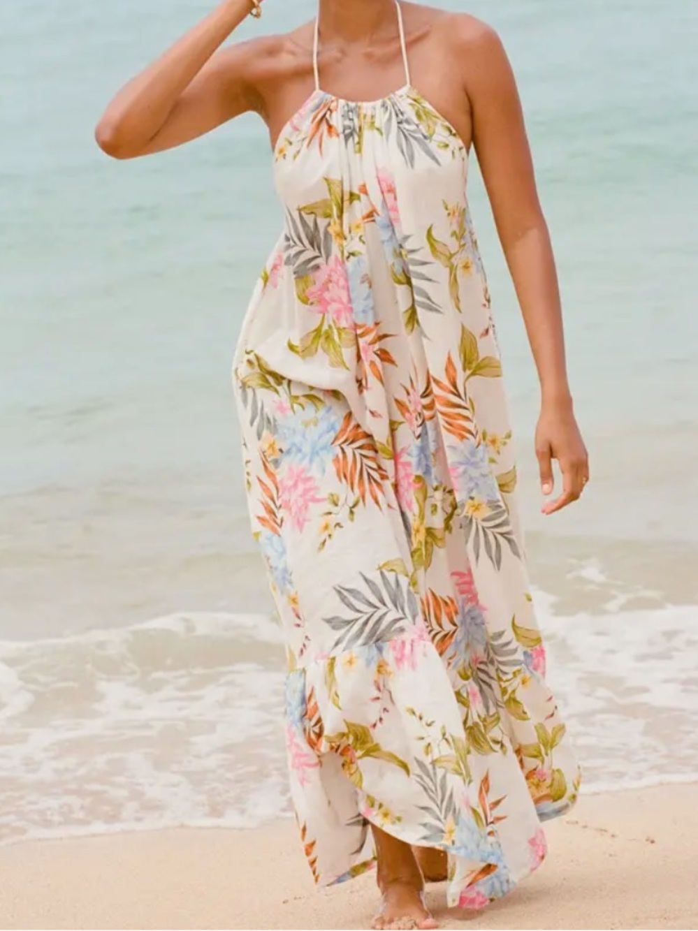 Vitamin A Petra Dress Women M Multicolor Linen Halter Maxi Sundress Pockets
